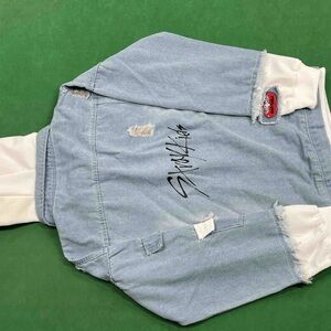 Light Wash Denim Jacket with Script Back Graphic